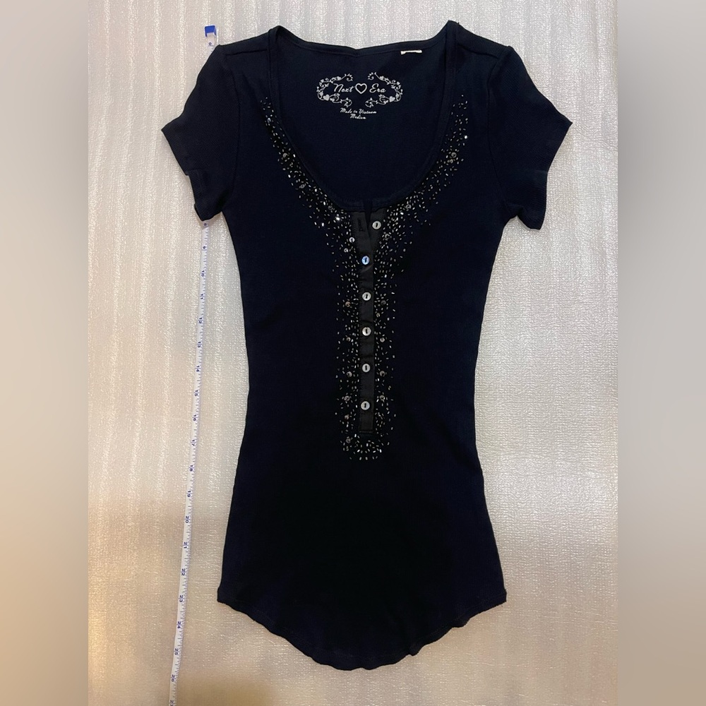 New Era Black Short Sleeve Ribbed Henley Top – Juniors Medium - Picture 3 of 14